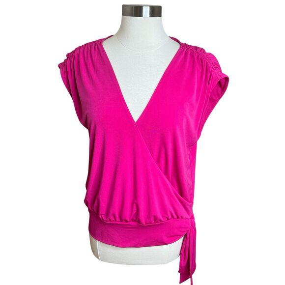 INC International Concepts Top Size Medium Pink Surplice Tie Waist Cap Sleeves - Picture 1 of 12